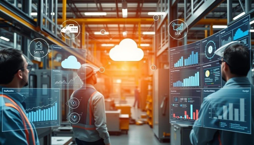 Manufacturing floor with digital interfaces showing data analytics in cloud migration for manufacturing Manufacturing floor with digital interfaces showing data analytics in cloud migration for manufacturing