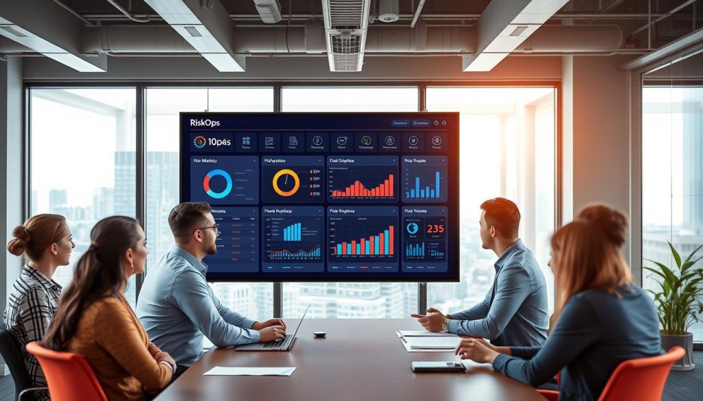 Business professionals analyzing RiskOps dashboard with risk metrics and visualizations