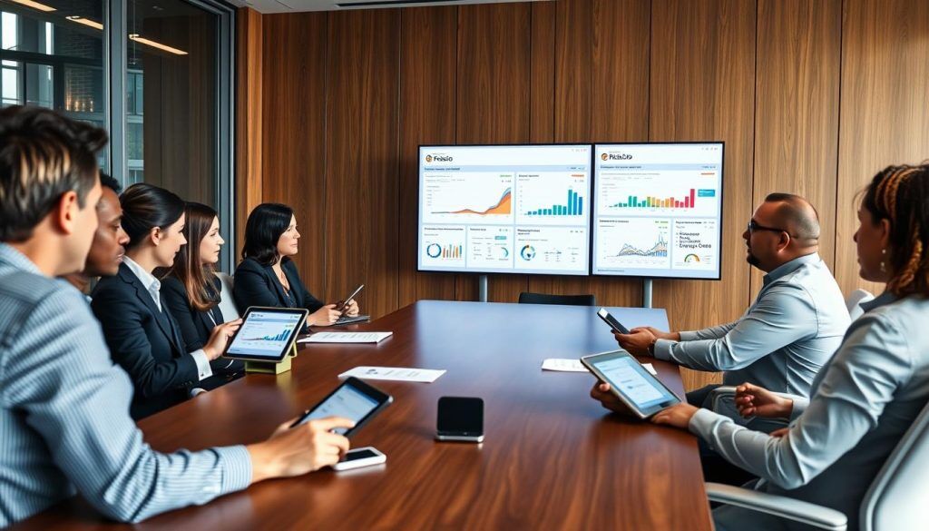 Business professionals reviewing Opsio Cloud RiskOps reports in a meeting