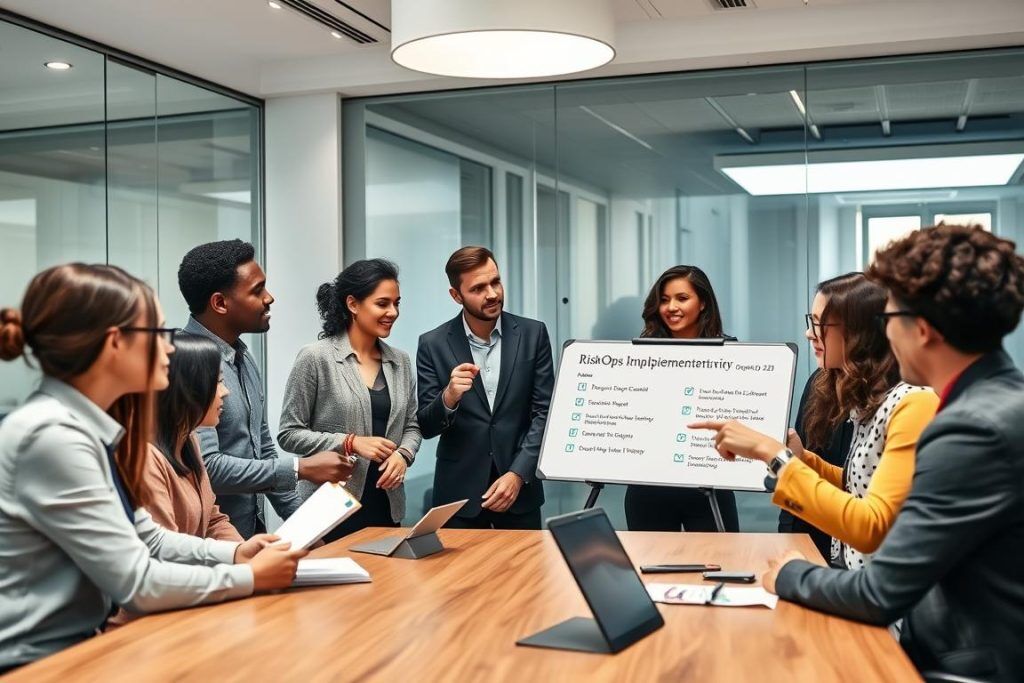 Business team discussing RiskOps implementation challenges in a meeting