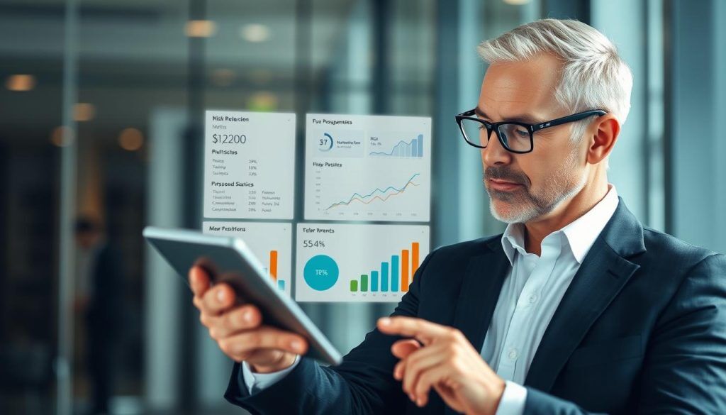 Executive reviewing positive RiskOps performance metrics on tablet