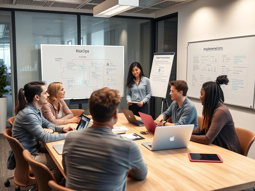 Team collaborating on RiskOps implementation in modern office environment