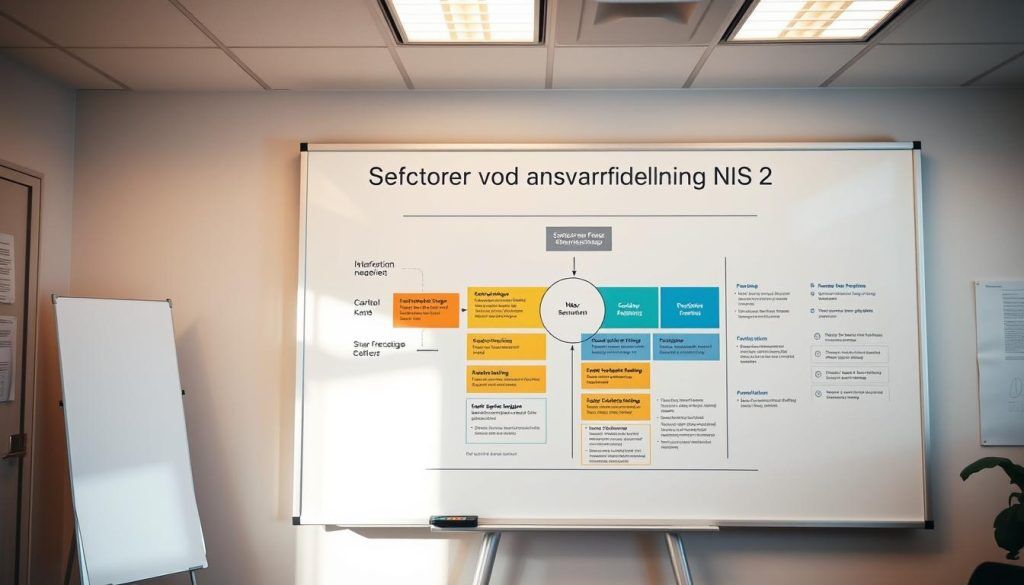 A clean, well-organized office environment with a large whiteboard displaying a detailed diagram of "Sektorer och ansvarsfördelning NIS2". The diagram features distinct color-coded sections and clear delineations of responsibilities, conveying a sense of structure and authority. The lighting is bright and natural, with warm undertones. The camera angle is slightly elevated, providing an overview of the scene. The mood is professional and authoritative, reflecting the importance of the cybersecurity directive. The composition emphasizes the centrality of the whiteboard diagram, with the surrounding office details serving to contextualize and ground the image.