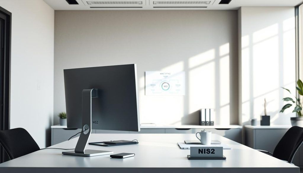 A modern and minimalist office setting, bathed in soft, natural lighting. In the foreground, a sleek and minimal computer setup, with a large, high-resolution monitor displaying a diagram or infographic related to the NIS2 directive. In the middle ground, a clean and organized desk, with various office supplies and a nameplate or document hinting at the subject matter. The background features a muted, neutral-toned wall, with a subtle pattern or texture, creating a sense of depth and professionalism. The overall atmosphere is one of efficiency, clarity, and attention to detail, reflecting the importance and significance of the NIS2 security framework.