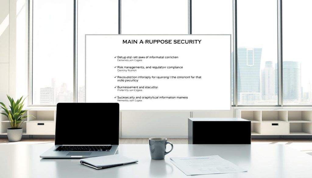 A modern, minimalist office space with clean lines and bright natural lighting. In the foreground, a sleek desk with a laptop, documents, and a cup of coffee, representing the practical application of information security in a business setting. The middle ground showcases a whiteboard or digital display with concise bullet points outlining the main purposes and areas of information security, such as data protection, risk management, and regulatory compliance. The background features a large window overlooking a cityscape, symbolizing the broad scope and impact of information security in the digital world. The overall atmosphere is one of efficiency, professionalism, and a commitment to securing sensitive information.