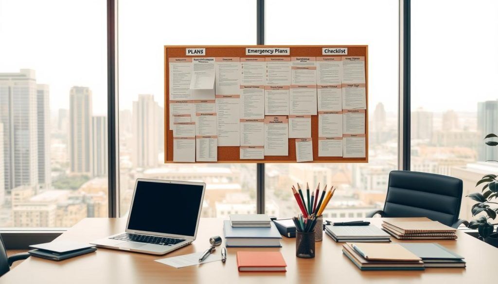 A modern office environment with a desk, laptop, and various office supplies in the foreground. In the middle ground, a bulletin board displays a range of emergency preparedness plans and checklists. The background features floor-to-ceiling windows overlooking a cityscape, with a warm, natural lighting that casts a soft glow throughout the scene. The overall atmosphere conveys a sense of organization, diligence, and a proactive approach to incident management and business continuity planning.