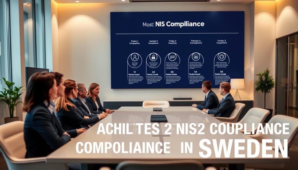 A modern, well-lit office interior with sleek, minimalist furniture and clean lines. In the foreground, a group of people in business attire are engaged in a collaborative discussion around a large, rectangular conference table. The background features a wall-mounted display showcasing a step-by-step visual guide to "NIS2 Compliance" - each step represented by a clear, infographic-style icon. Warm, indirect lighting creates a professional, yet approachable atmosphere. The camera angle is slightly elevated, capturing the scene from an overhead perspective to emphasize the collaborative nature of the setting. The overall tone is one of efficiency, clarity, and attention to detail, reflecting the theme of "Achieving NIS2 Compliance in Sweden".