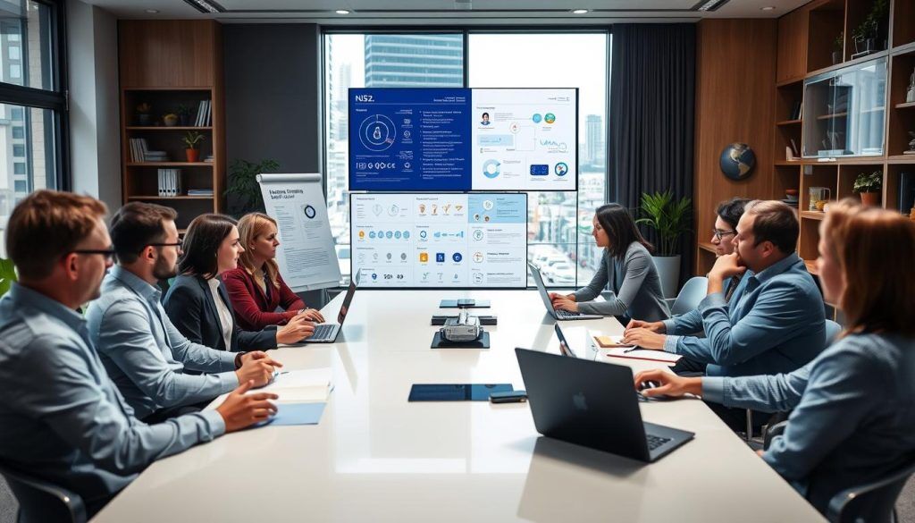 A modern, well-lit office setting with a large window overlooking a cityscape. In the foreground, a team of professionals sit around a sleek conference table, engaged in a discussion about cybersecurity and the implementation of the NIS2 directive in Sweden. The atmosphere is one of focused collaboration, with the team members using laptops, notepads, and gesturing animatedly as they share insights and strategies. The middle ground features a wall display showcasing relevant data and diagrams, while the background includes bookshelves, potted plants, and other office decor that suggests a professional, yet comfortable work environment. The overall mood is one of diligence, expertise, and a commitment to secure Sweden's digital infrastructure.