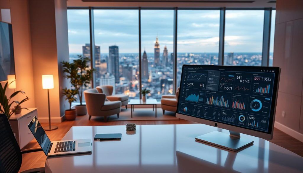 A modern, well-lit office setting with a sleek, minimalist aesthetic. In the foreground, a large desk with a high-resolution monitor displays complex data visualizations and analytics dashboards. Atop the desk, a laptop, stylus, and a few carefully arranged office supplies create a sense of organized productivity. The middle ground features a cozy seating area with comfortable chairs and a small coffee table, inviting collaboration and discussion. In the background, floor-to-ceiling windows offer a panoramic view of a bustling cityscape, emphasizing the professional and connected nature of the environment. Warm, indirect lighting casts a soft glow, and the overall mood is one of efficiency, innovation, and synergy.