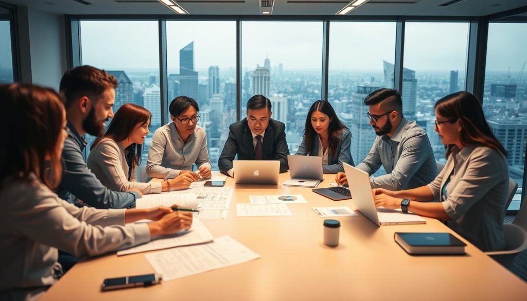 A modern, well-lit office setting with a team of professionals gathered around a large conference table, deeply engaged in discussions and preparations. The lighting is soft and warm, creating a collaborative atmosphere. In the foreground, documents, laptops, and other office supplies are neatly arranged, suggesting a structured and organized approach. The middle ground features the team, their expressions focused and thoughtful, as they review data and make notes. In the background, a large window provides a view of a bustling city skyline, hinting at the broader context and importance of their work. The overall scene conveys a sense of purpose, diligence, and a proactive mindset as the organization prepares to address the requirements of the NIS2 security framework.
