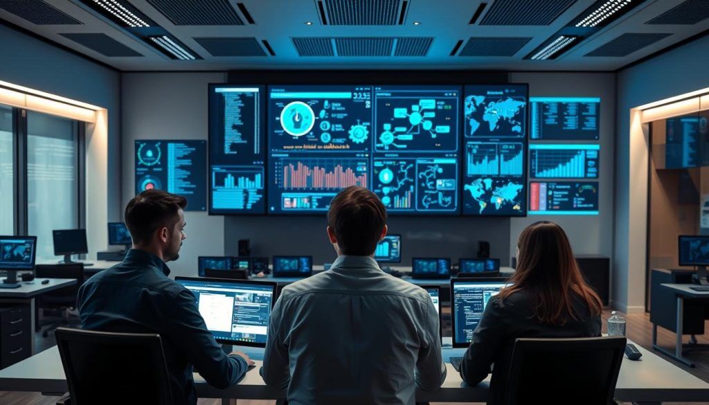 A sleek, modern office interior with a large central display screen showcasing dynamic visualizations of cybersecurity data and analysis. In the foreground, a team of security analysts intently monitoring the screen, their faces illuminated by the glow of the display. Behind them, automated security systems and monitoring tools hum with activity, creating a sense of technological sophistication and cyber resilience. Soft, even lighting casts a calming, professional atmosphere, while the layout and design of the space reflect an emphasis on collaboration, efficiency, and data-driven decision making. The overall scene conveys the power and precision of a state-of-the-art Security Operations Center (SOC) optimized for cyber resilience through advanced automation.