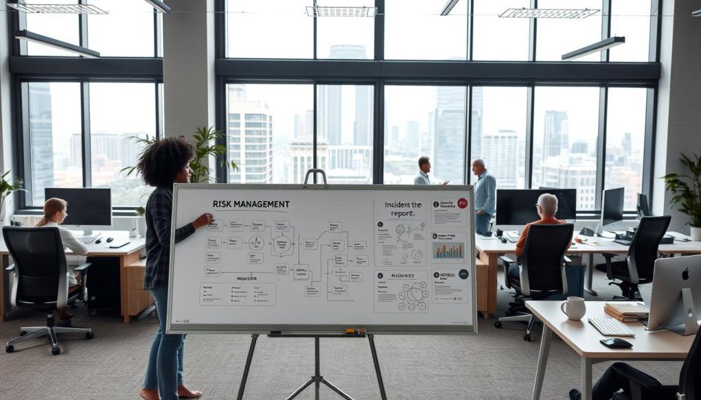 A well-lit office interior, featuring a team of professionals collaborating on risk management and incident reporting processes. In the foreground, a sleek whiteboard displays detailed diagrams and workflow charts. Surrounding it, ergonomic desks and chairs create a productive workspace. The middle ground showcases various digital devices and monitors, indicating the integration of technology in the risk management system. In the background, large windows provide natural light and a view of a modern cityscape, conveying a sense of an urban, corporate environment. The overall mood is one of efficiency, organization, and a proactive approach to risk mitigation.