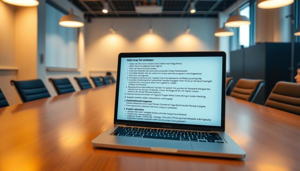 A well-lit office interior with a large table surrounded by chairs. On the table, a laptop displays a detailed list of "NIS2 krav för entiteter" regulations, with various sections and requirements clearly visible. The lighting is warm and professional, with subtle shadows and highlights emphasizing the important details. The room has a neutral, modern decor, with minimal distractions, allowing the viewer to focus on the information presented on the screen. The overall atmosphere conveys a sense of diligence and compliance, reflecting the seriousness of the subject matter.