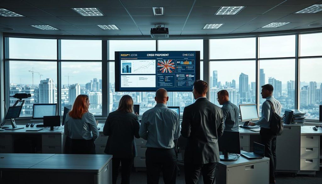 A well-lit office interior, with desks, computers, and filing cabinets arranged in a structured layout. In the foreground, a team of professionals collaborating on crisis management strategies, their expressions focused and determined. The middle ground features a large display screen showcasing real-time incident data and response plans. The background depicts a panoramic window overlooking a bustling city skyline, conveying a sense of preparedness and resilience in the face of potential challenges. The lighting is crisp and professional, with a blend of natural and artificial illumination. The overall atmosphere exudes a sense of control, efficiency, and proactive crisis management.