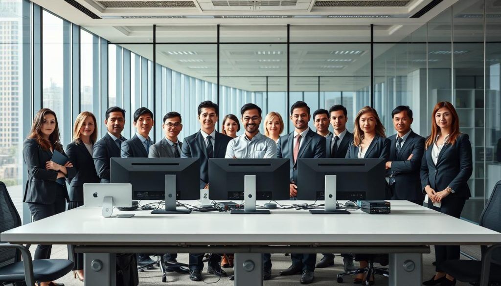 A well-organized cybersecurity team, dressed in professional attire, stands in a modern office setting. The foreground features the team members, their faces determined yet approachable, gathered around a sleek conference table adorned with state-of-the-art networking equipment and security monitors. The middle ground showcases a backdrop of floor-to-ceiling windows, allowing natural light to flood the space and create a sense of openness and transparency. In the background, the office environment is characterized by clean lines, muted tones, and subtle technological accents, reflecting the team's expertise and the company's commitment to advanced security solutions.