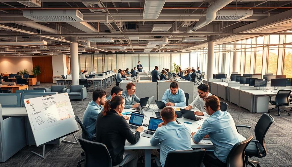 An expansive office space with a blend of traditional and agile workspaces. In the foreground, a group of IT professionals collaborate around a large table, utilizing whiteboards, laptops, and physical project management tools. The middle ground showcases a mix of private cubicles and open-plan seating areas, allowing for focused work and casual discussions. The background features a glass-enclosed conference room, where a team presents their progress to stakeholders under warm, natural lighting. The overall atmosphere conveys a dynamic, innovative, and collaborative IT project environment.