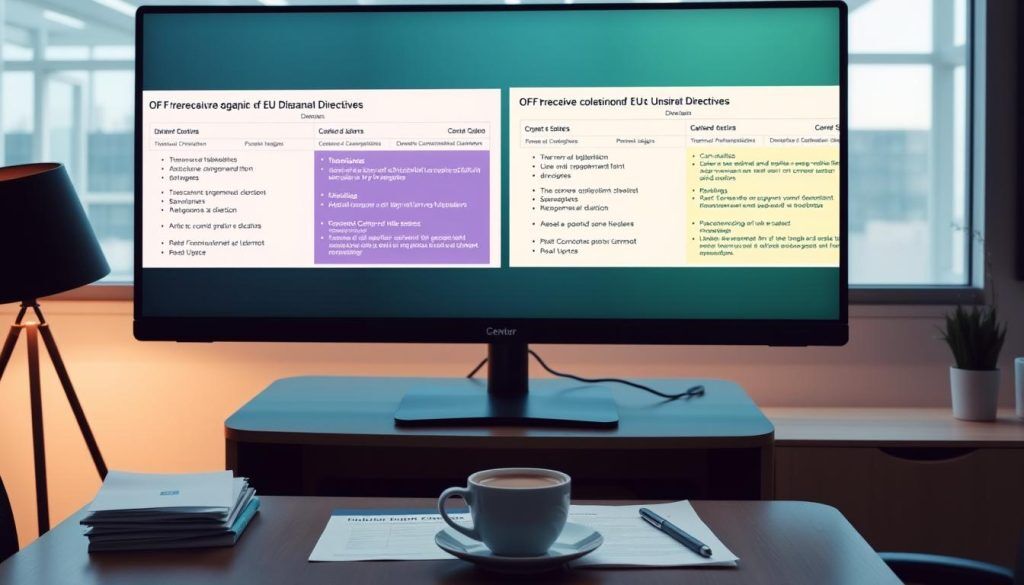 Comparison of EU cybersecurity directives, shown through a professional office setting. A large monitor displays side-by-side windows, showcasing the key details and requirements of the directives. A desk with a computer, papers, and a cup of coffee in the foreground, conveying a focused, analytical atmosphere. Neutral tones with pops of blue and green create a clean, modern aesthetic. Soft, directional lighting illuminates the scene, highlighting the essential information on the screen. The overall impression is one of informed decision-making and compliance with the evolving cybersecurity landscape.