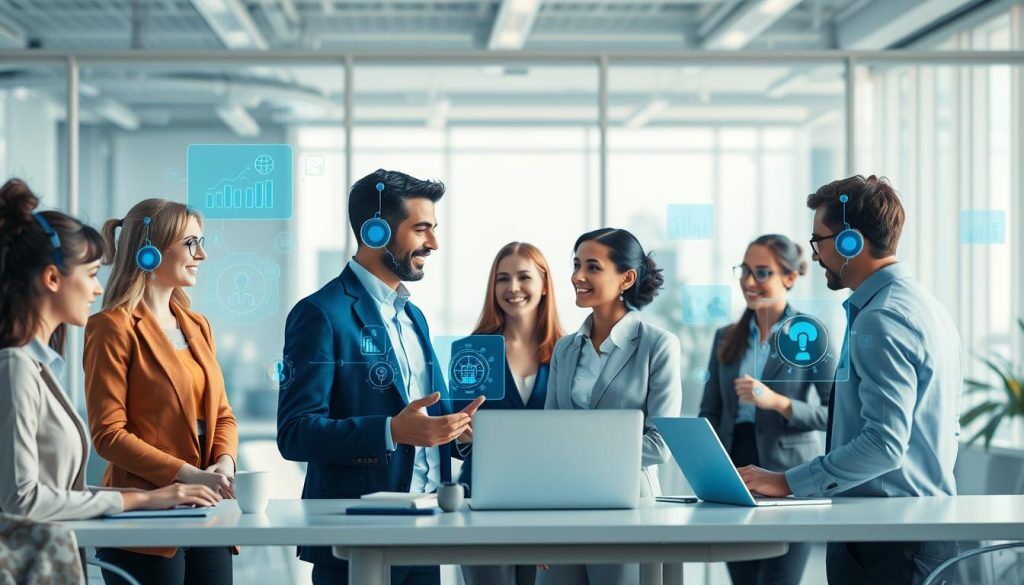 AI agents working alongside humans in a collaborative business environment