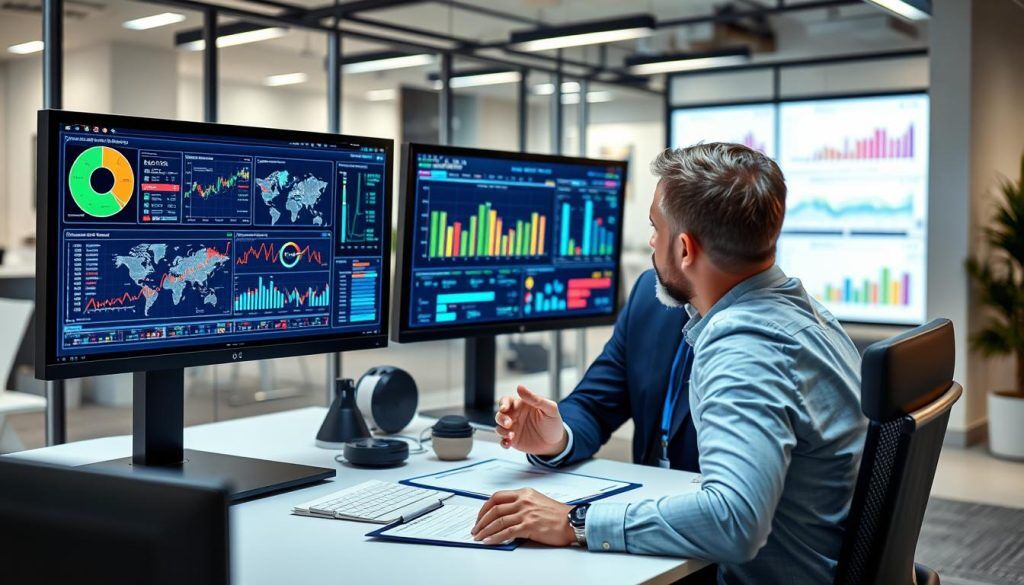 AI consultant analyzing data visualizations with client