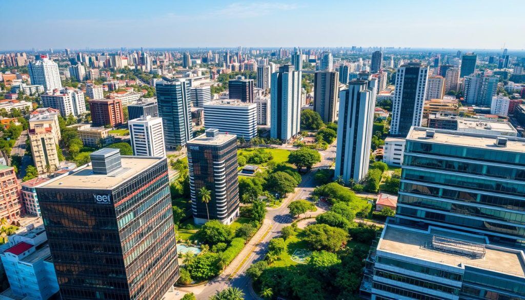 Bangalore tech district skyline with modern office buildings housing AI consulting firms