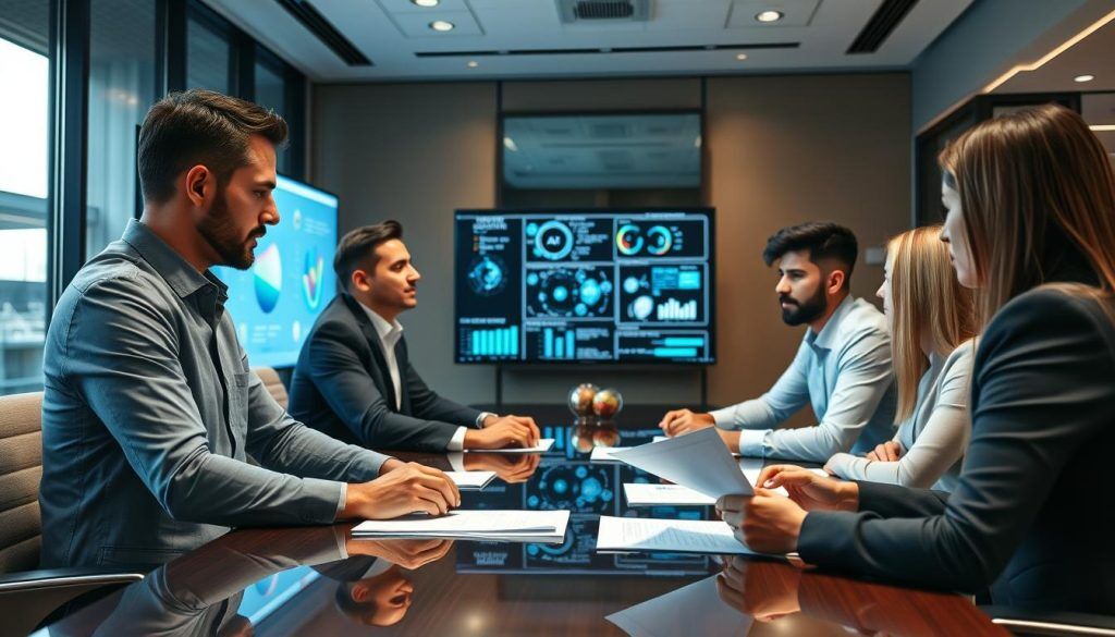 Business professionals discussing AI consulting services implementation strategy