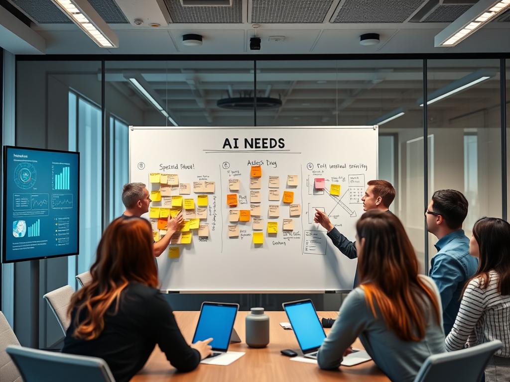 Business team assessing AI needs in a strategy session