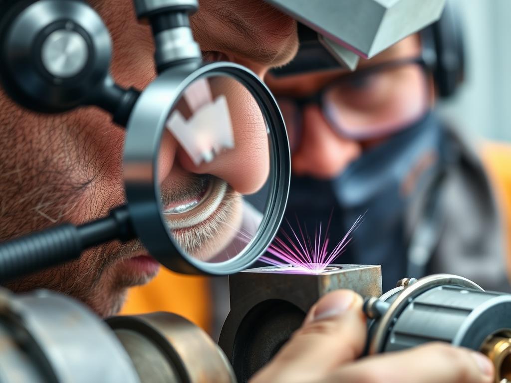 Close-up of visual inspection of welded components showing detection of surface flaws Close-up of visual inspection of welded components showing detection of surface flaws