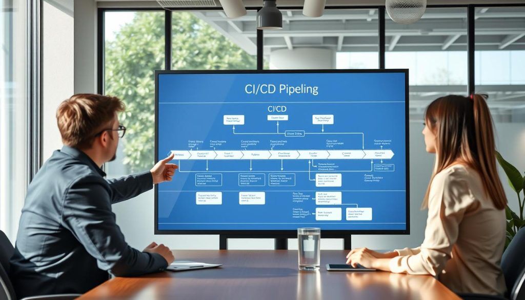 DevOps systemutveckling med CI/CD pipeline visualiserad i en kontorsmiljö DevOps systemutveckling med CI/CD pipeline visualiserad i en kontorsmiljö