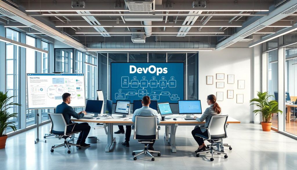 DevOps systemutveckling process visualiserad i ett modernt kontorslandskap DevOps systemutveckling process visualiserad i ett modernt kontorslandskap