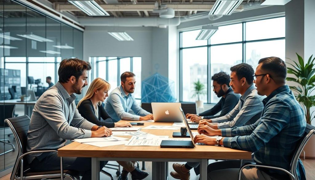 DevOps-team som samarbetar kring Kubernetes-implementering i en ljus kontorsmiljö