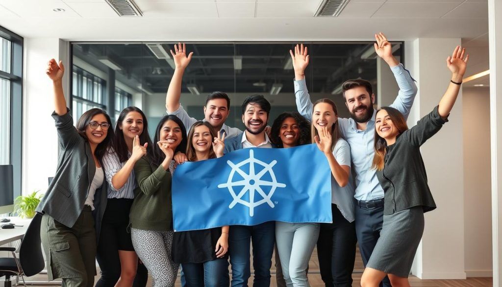Framgångsrikt IT-team som firar en lyckad Kubernetes-implementation i ett modernt kontor