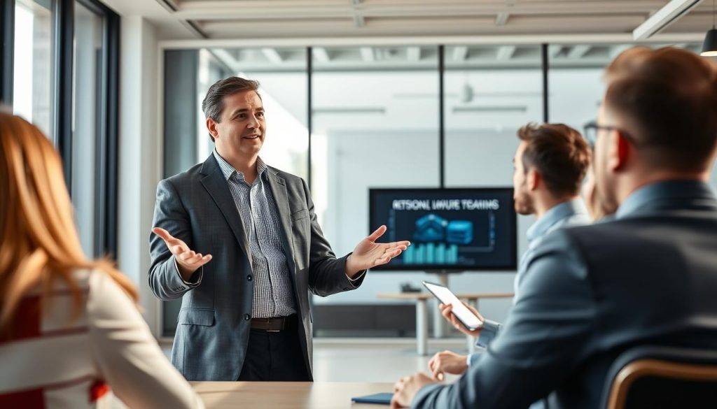 Framtidsinriktad IT-ledare som presenterar Kubernetes-vision i ett ljust konferensrum