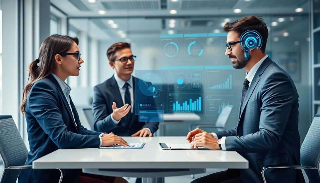 Human-machine collaboration showing people working alongside AI agents in a business environment