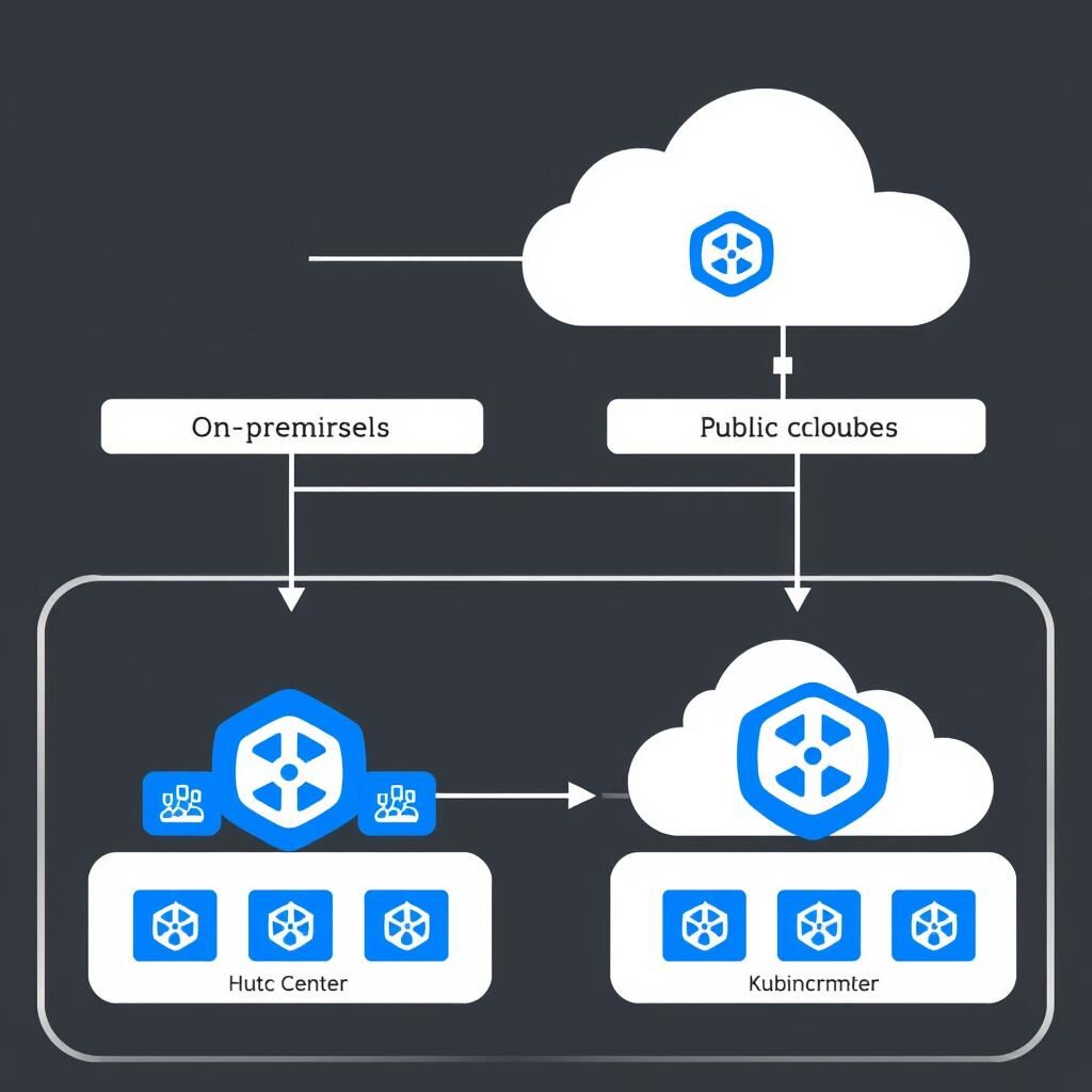 Hybrid cloud architecture diagram showing on-premises and cloud Kubernetes clusters