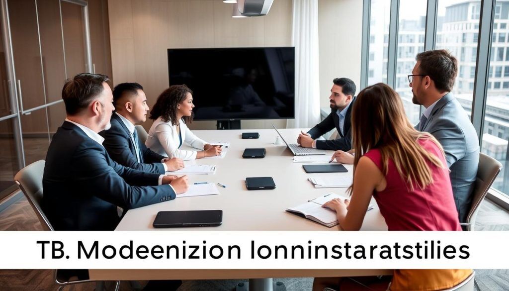 IT-ledare som diskuterar modernisering med Kubernetes i ett konferensrum