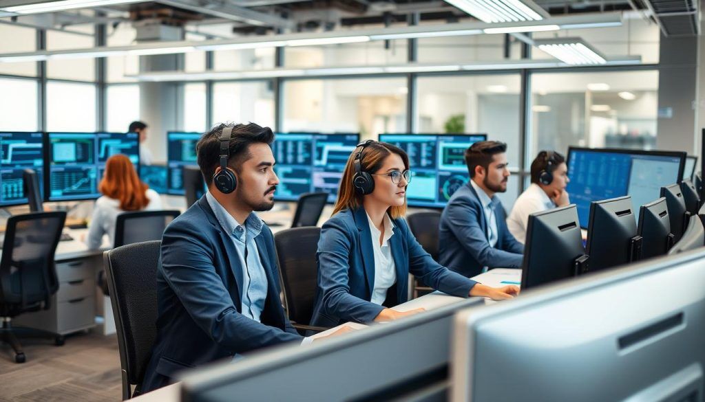 IT-operatörer som övervakar Kubernetes-prestanda i ett modernt kontrollcenter