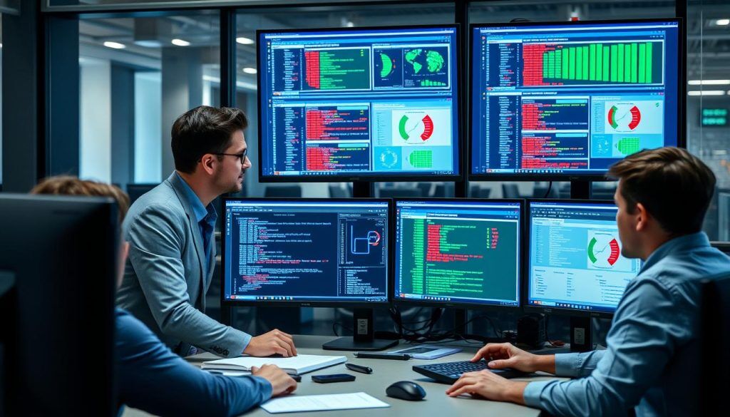 IT-säkerhetsteam analyserar vanliga sårbarheter pentest resultat på flera skärmar