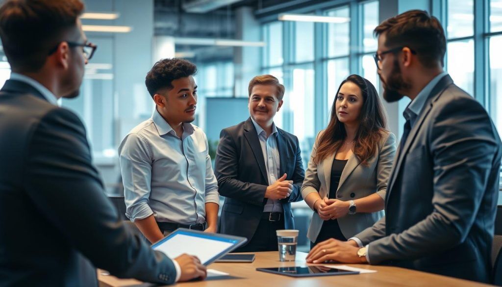 IT-säkerhetsteam som diskuterar Kubernetes-säkerhet i ett modernt kontor