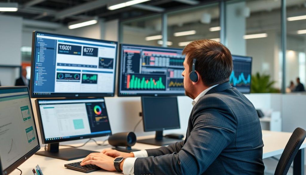 IT-specialist övervakar applikationsdrift i modern kontorsmiljö