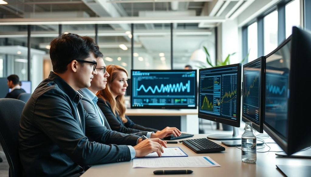 IT-specialister som analyserar applikationsspecifika mätvärden i kontorsmiljö IT-specialister som analyserar applikationsspecifika mätvärden i kontorsmiljö