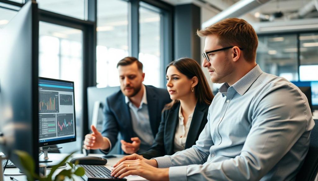 IT-specialister som analyserar prediktiva data för applikationsövervakning i kontorsmiljö IT-specialister som analyserar prediktiva data för applikationsövervakning i kontorsmiljö