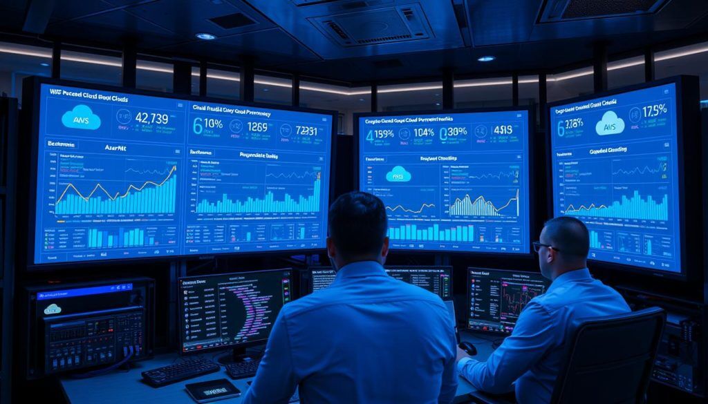 IT team monitoring cloud provider comparison performance metrics in operations center