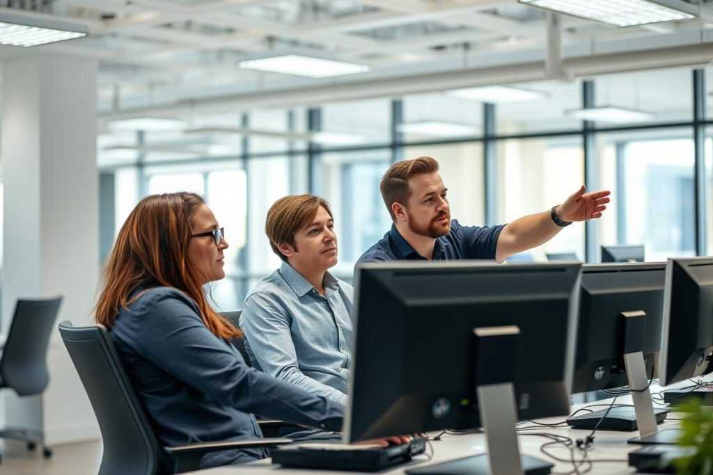 IT-team övervakar automatisk skalning i en modern kontorsmiljö