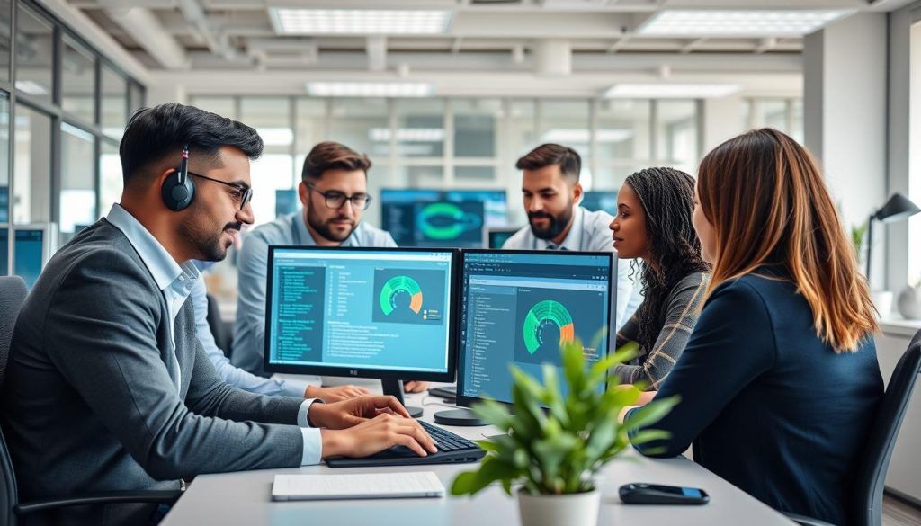 IT-team som arbetar proaktivt med applikationsövervakning i kontorsmiljö IT-team som arbetar proaktivt med applikationsövervakning i kontorsmiljö