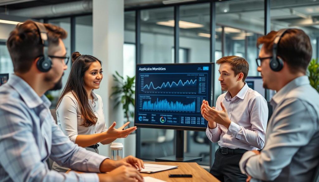 IT-team som diskuterar viktiga mätvärden för applikationsövervakning i kontorsmiljö IT-team som diskuterar viktiga mätvärden för applikationsövervakning i kontorsmiljö