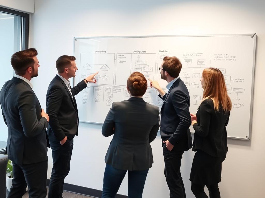 IT-team som diskuterer Azure-strategi foran en tavle med skyarkitektur