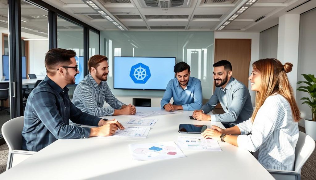 IT-team som genomför en Kubernetes-planering i ett modernt mötesrum
