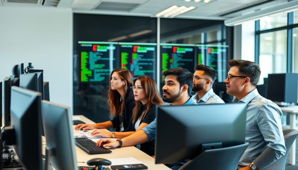 IT-team som övervakar Kubernetes skalbarhet i ett modernt kontrollrum