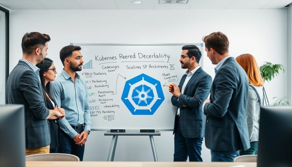 IT-team som samarbetar kring Kubernetes skalbarhet i en modern kontorsmiljö