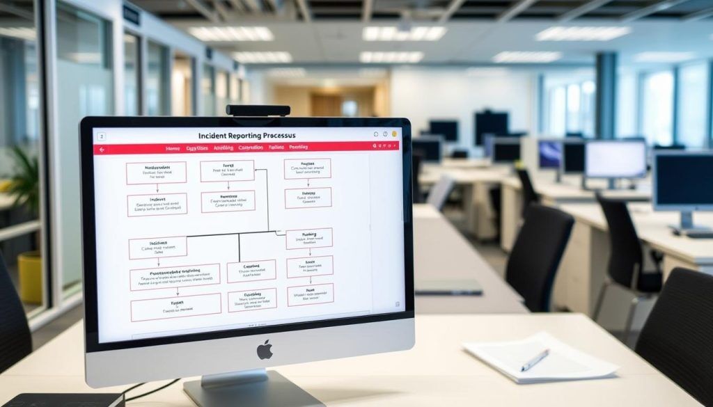 Incidentrapporteringsprocess för DORA compliance visad på datorskärm i kontorsmiljö